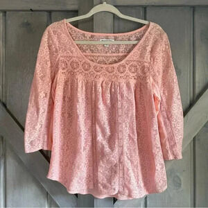 American Eagle- Peach peasant Lace Blouse 3/4 sleeves soft‎ girl boho
